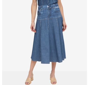 Tower Hill by Christie Brinkley Illusion Denim Printed Midi Skirt
