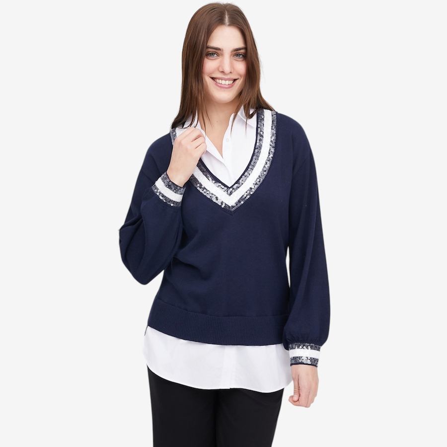 Image 121284_MTBLU.jpg, Product 121-284 / Price $49.88, Tower Hill by Christie Brinkley Twofer Collegiate Sweater and Button Down Shirt from Tower Hill on TSC.ca's Fashion department