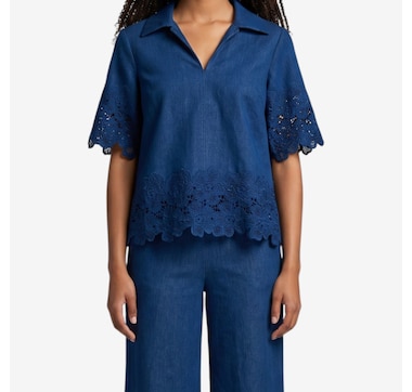 Badgley Mischka Tru Short Sleeve Popover Top with Lace Trim