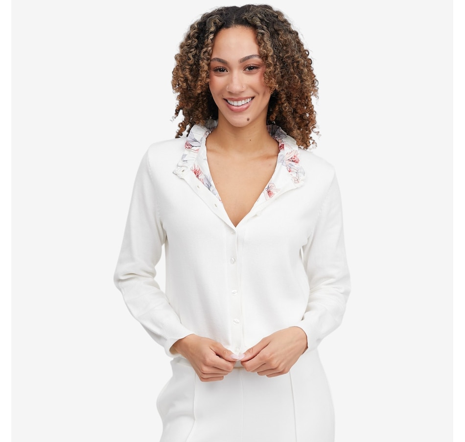 Image 121422_ALTMORE3.jpg, Product 121-422 / Price $74.88, Badgley Mischka Yanis Cardigan with Printed Ruffle Neck from Badgley Mischka on TSC.ca's Fashion department