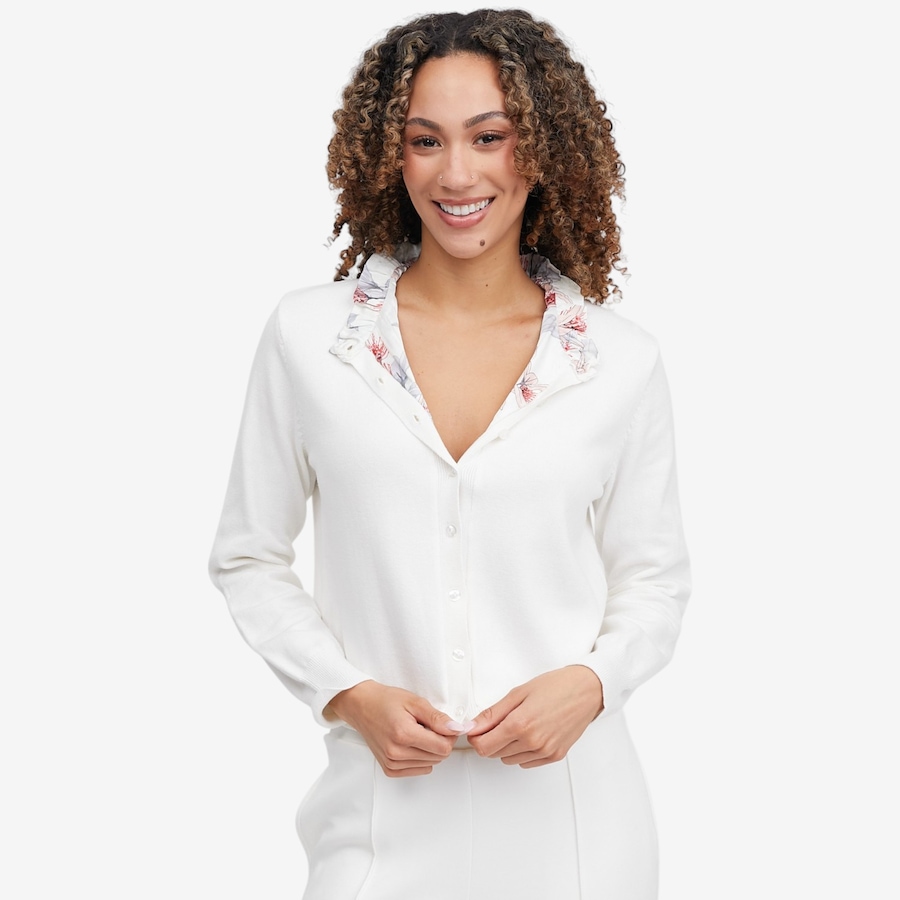 Image 121422_ALTMORE3.jpg, Product 121-422 / Price $74.88, Badgley Mischka Yanis Cardigan with Printed Ruffle Neck from Badgley Mischka on TSC.ca's Fashion department