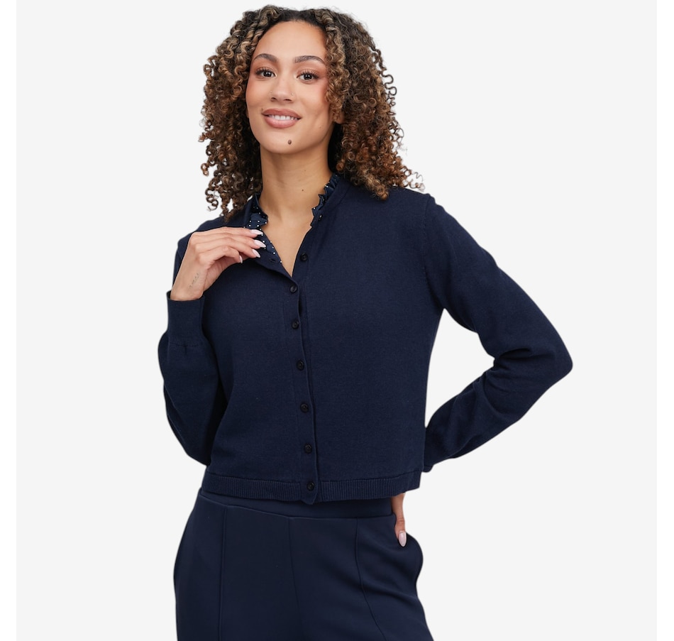 Image 121422_NVPDT.jpg, Product 121-422 / Price $74.88, Badgley Mischka Yanis Cardigan with Printed Ruffle Neck from Badgley Mischka on TSC.ca's Fashion department