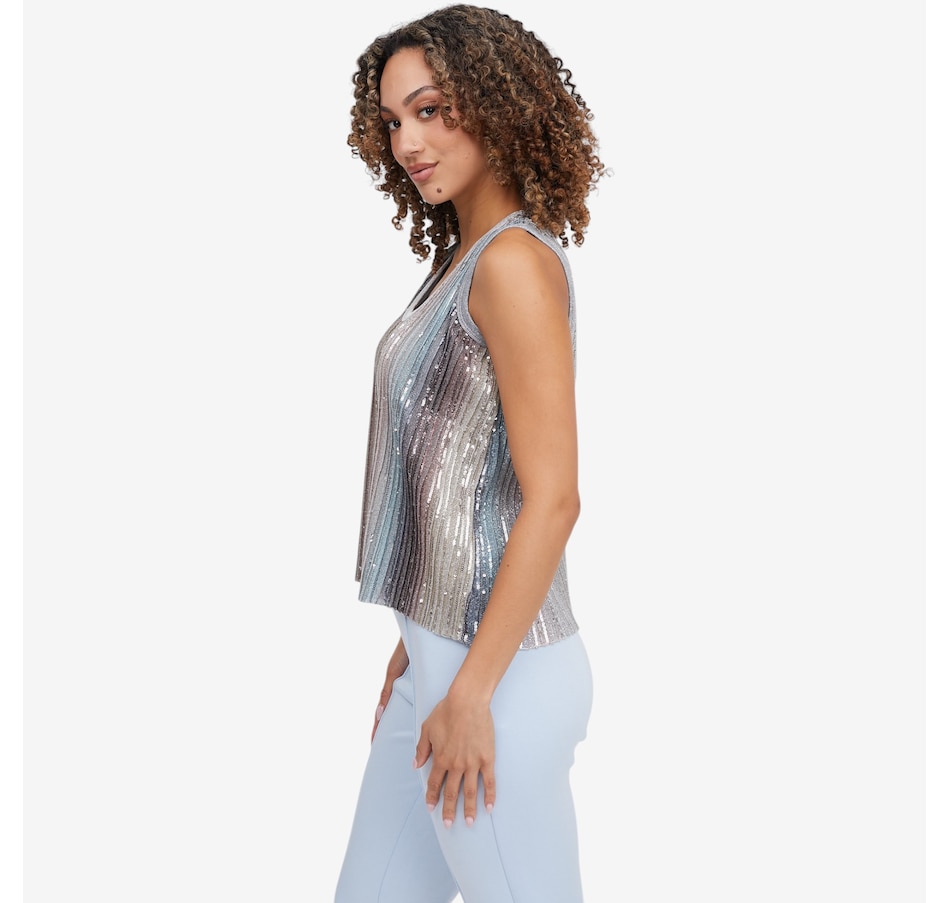 Image 121439_ALTMORE1.jpg, Product 121-439 / Price $90.00, Badgley Mischka Tala Draped Striped Sequined Shell Top from Badgley Mischka on TSC.ca's Fashion department