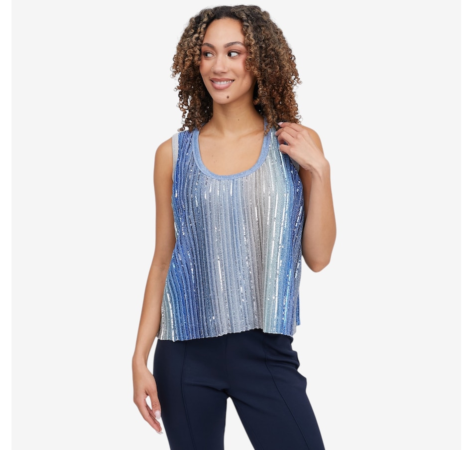 Image 121439_BLCO.jpg, Product 121-439 / Price $90.00, Badgley Mischka Tala Draped Striped Sequined Shell Top from Badgley Mischka on TSC.ca's Fashion department