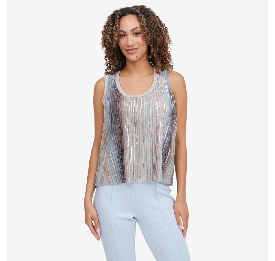 Image 121439_COCMB.jpg, Product 121-439 / Price $90.00, Badgley Mischka Tala Draped Striped Sequined Shell Top from Badgley Mischka on TSC.ca's Fashion department