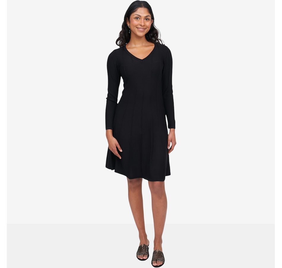 Image 121693_BLK.jpg, Product 121-693 / Price $69.99, Nina Leonard V-Neck A-Line Sweater Dress from Nina Leonard on TSC.ca's Fashion department