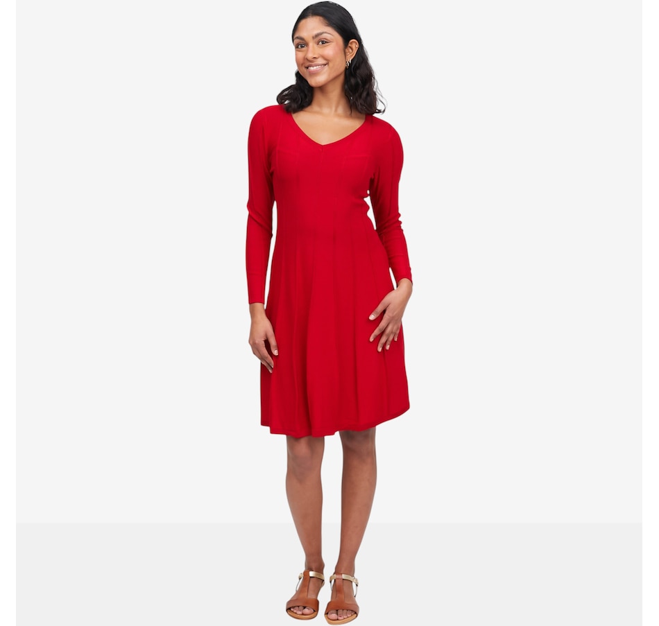 Image 121693_RED.jpg, Product 121-693 / Price $69.99, Nina Leonard V-Neck A-Line Sweater Dress from Nina Leonard on TSC.ca's Fashion department
