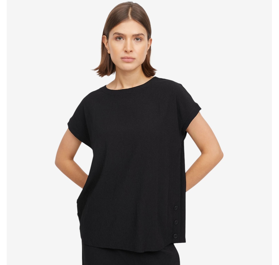 Image 121749_BLK.jpg, Product 121-749 / Price $49.99, Kim & Co. Stretch Crinkle Knit Short Dolman Sleeve Top with Button Detail from Kim & Co. on TSC.ca's Fashion department