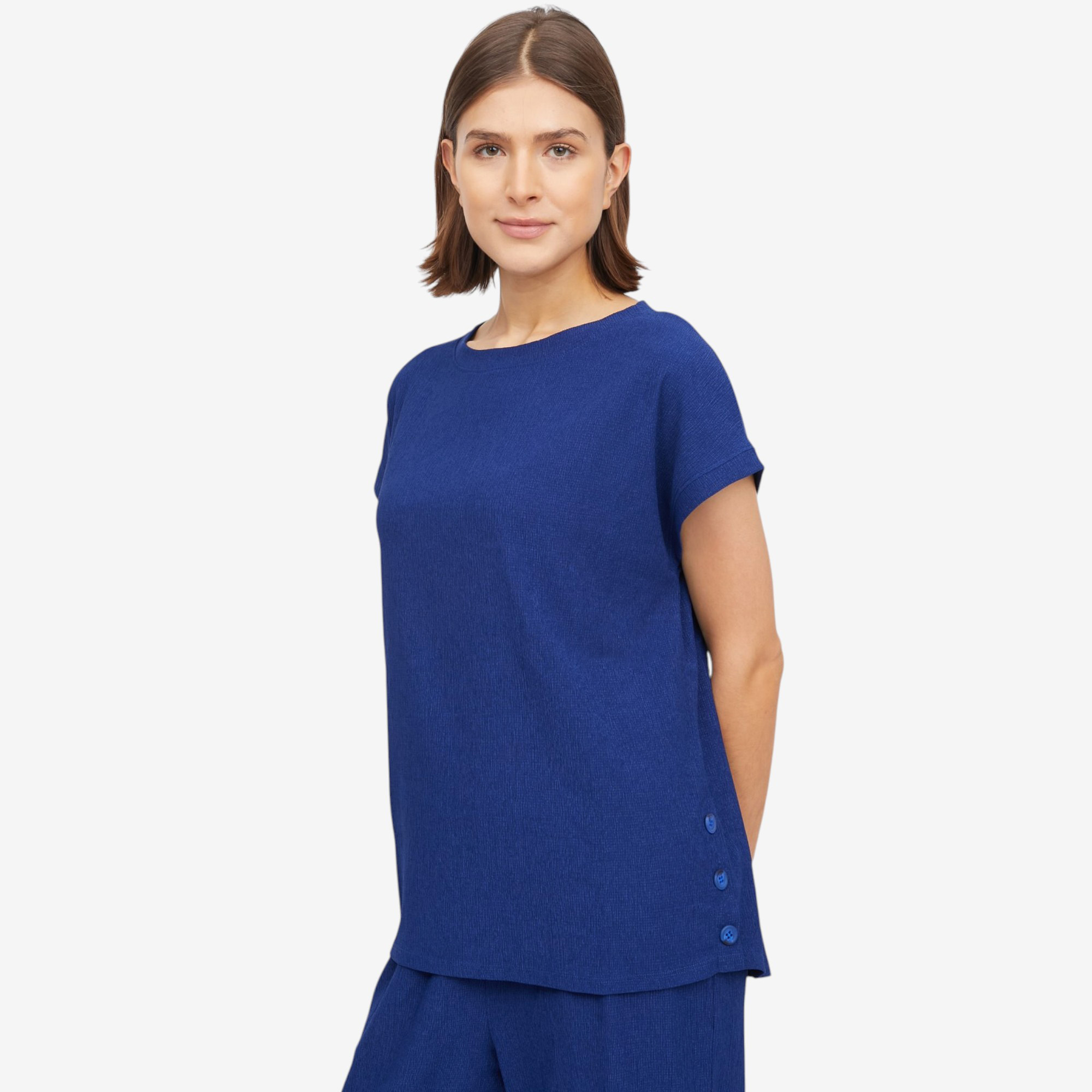 Kim & Co. Stretch Crinkle Knit Short Dolman Sleeve Top with Button