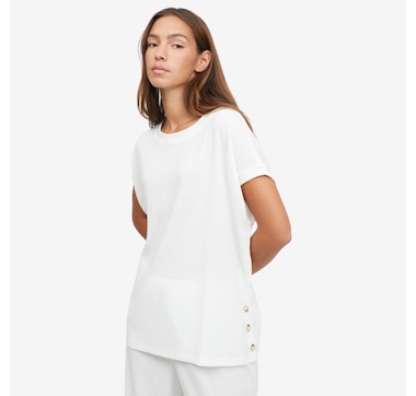 Kim &amp; Co. Stretch Crinkle Knit Short Dolman Sleeve Top with Button Detail