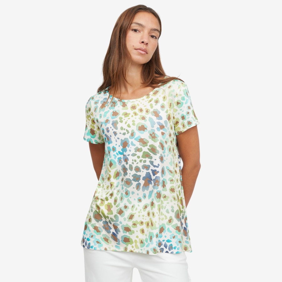 Image 121751_BLGN.jpg, Product 121-751 / Price $29.88, Kim & Co. Printed Brazil Knit Short Sleeve Hi-Low Top from Kim & Co. on TSC.ca's Fashion department
