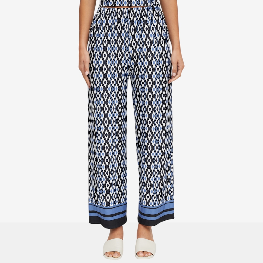 Image 121754_BLMU.jpg, Product 121-754 / Price $49.88, Kim & Co. Border Print Brazil Knit Jersey Straight Leg Ankle Length Trouser from Kim & Co. on TSC.ca's Fashion department