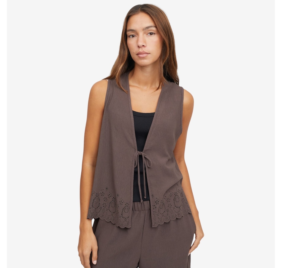 Image 121756_CHBRN.jpg, Product 121-756 / Price $49.99, Kim & Co. Crinkle Poplin Front Tie Waistcoat with Eyelet Hem from Kim & Co. on TSC.ca's Fashion department
