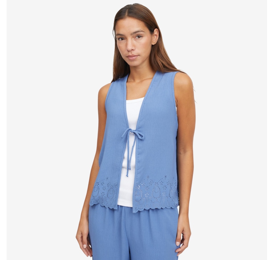 Image 121756_CHMBL.jpg, Product 121-756 / Price $49.99, Kim & Co. Crinkle Poplin Front Tie Waistcoat with Eyelet Hem from Kim & Co. on TSC.ca's Fashion department