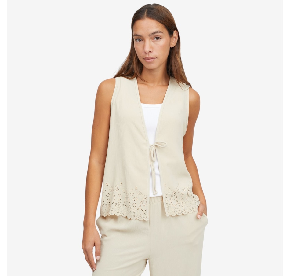 Image 121756_SAN.jpg, Product 121-756 / Price $49.99, Kim & Co. Crinkle Poplin Front Tie Waistcoat with Eyelet Hem from Kim & Co. on TSC.ca's Fashion department