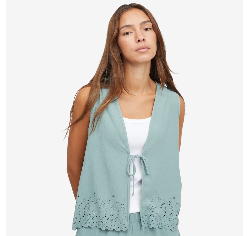Image 121756_SOFSE.jpg, Product 121-756 / Price $49.99, Kim & Co. Crinkle Poplin Front Tie Waistcoat with Eyelet Hem from Kim & Co. on TSC.ca's Fashion department