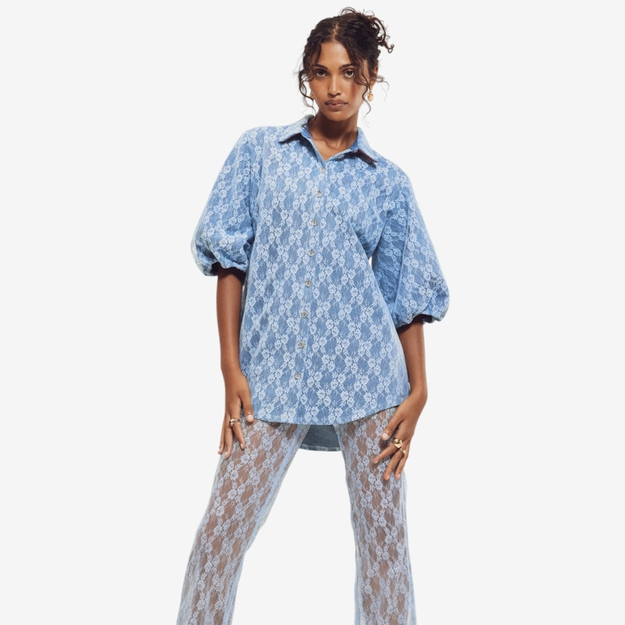 Image 121827_BLU.jpg, Product 121-827 / Price $129.88, Hilary MacMillan Denim Lace Puff Sleeve Blouse from Hilary MacMillan on TSC.ca's Fashion department