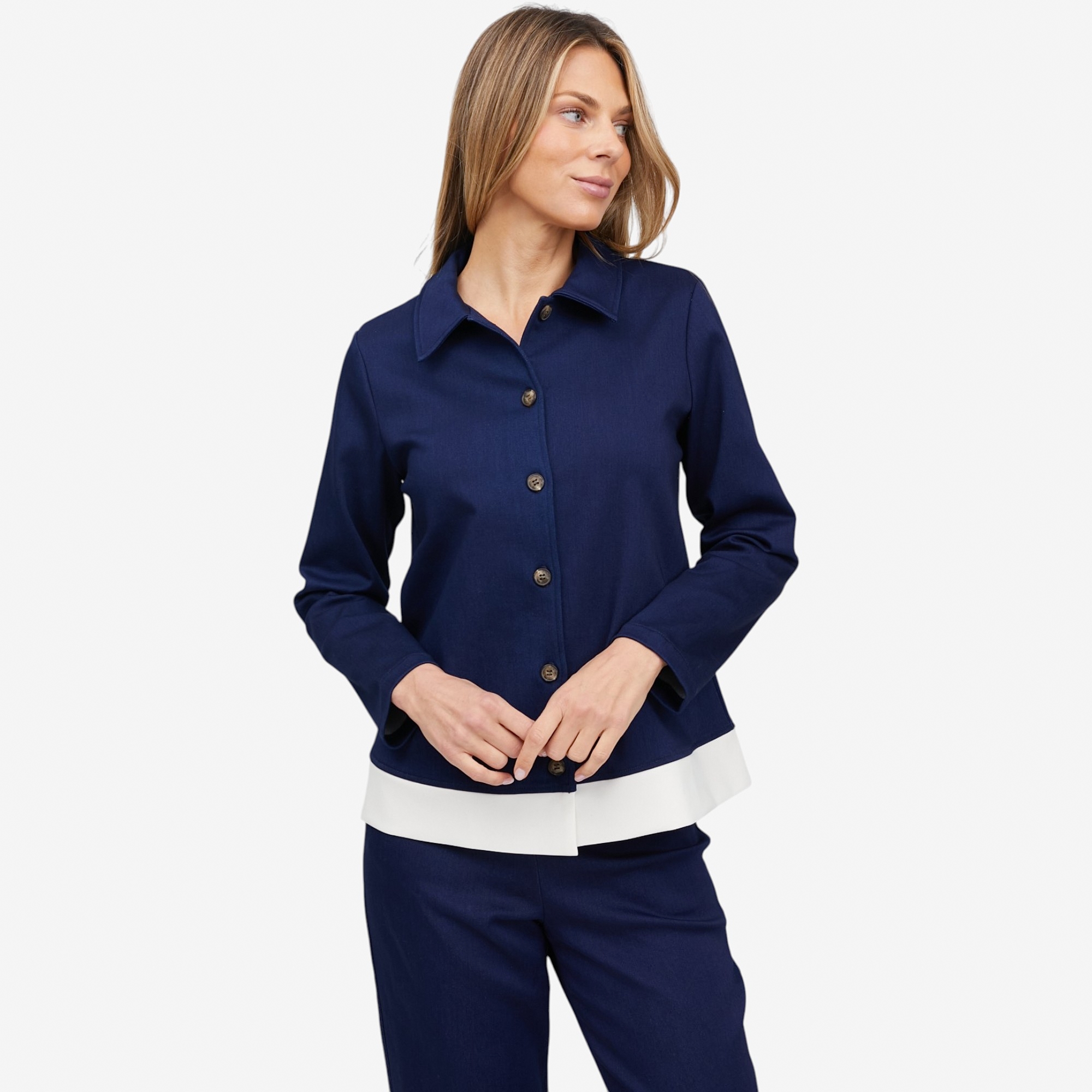 Carrie O Denim Knit Zip Jacket with Contrast Band Detail - TSC.ca