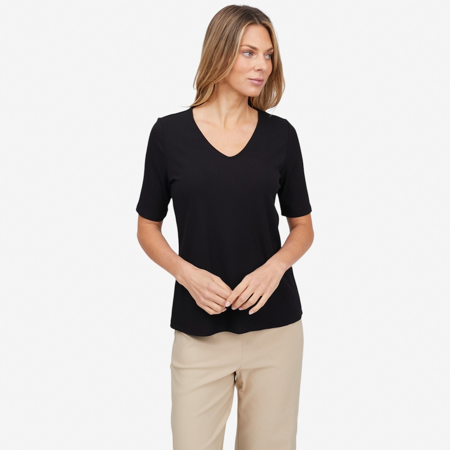 Image 121898_BLK.jpg, Product 121-898 / Price $79.99, Carrie O Bamboo Rib Knit Georgia V-Neck Elbow Sleeve Top from Carrie O on TSC.ca's Fashion department