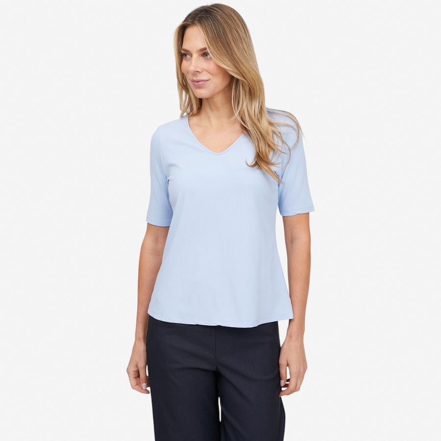 Image 121898_BLU.jpg, Product 121-898 / Price $79.99, Carrie O Bamboo Rib Knit Georgia V-Neck Elbow Sleeve Top from Carrie O on TSC.ca's Fashion department