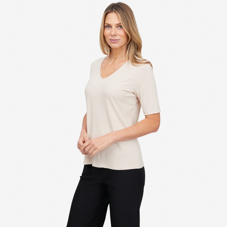 Image 121898_ECR.jpg, Product 121-898 / Price $79.99, Carrie O Bamboo Rib Knit Georgia V-Neck Elbow Sleeve Top from Carrie O on TSC.ca's Fashion department