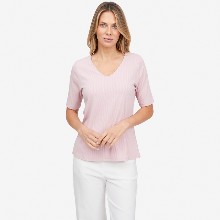 Image 121898_PNK.jpg, Product 121-898 / Price $79.99, Carrie O Bamboo Rib Knit Georgia V-Neck Elbow Sleeve Top from Carrie O on TSC.ca's Fashion department