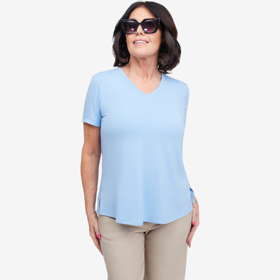 Image 122018_BLU.jpg, Product 122-018 / Price $64.99, Carrie O Luxe Bamboo Jersey Knit V-Neck Short Sleeve Sharon Top from Carrie O on TSC.ca's Fashion department