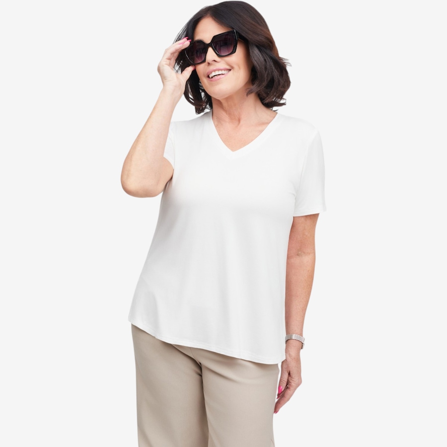 Image 122018_IVR.jpg, Product 122-018 / Price $64.99, Carrie O Luxe Bamboo Jersey Knit V-Neck Short Sleeve Sharon Top from Carrie O on TSC.ca's Fashion department