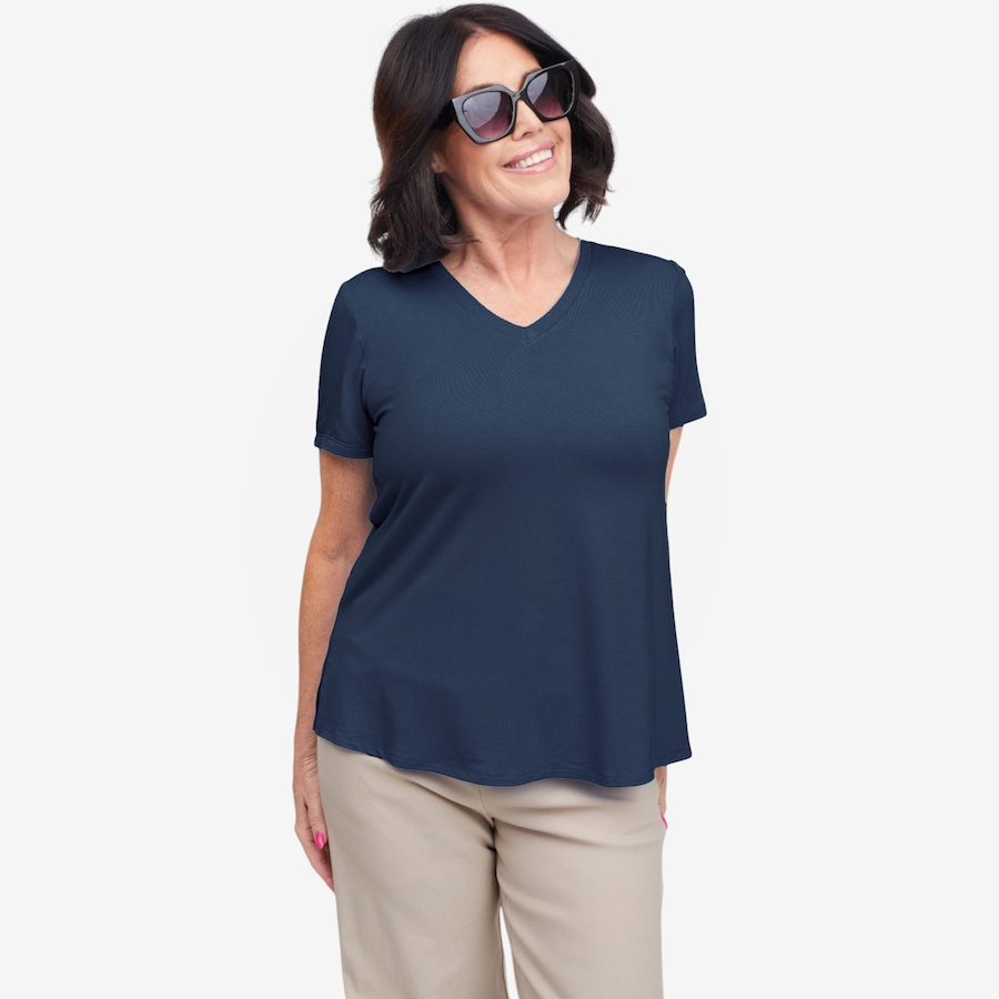 Image 122018_NVY.jpg, Product 122-018 / Price $64.99, Carrie O Luxe Bamboo Jersey Knit V-Neck Short Sleeve Sharon Top from Carrie O on TSC.ca's Fashion department
