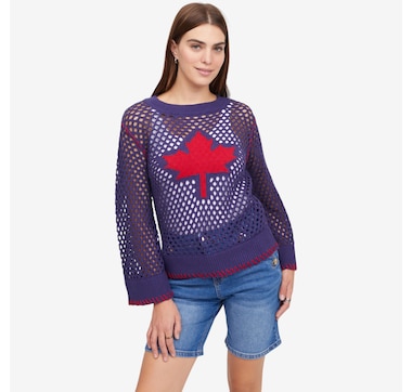 Tower Hill by Christie Brinkley Cropped Knit Maple Leaf Sweater