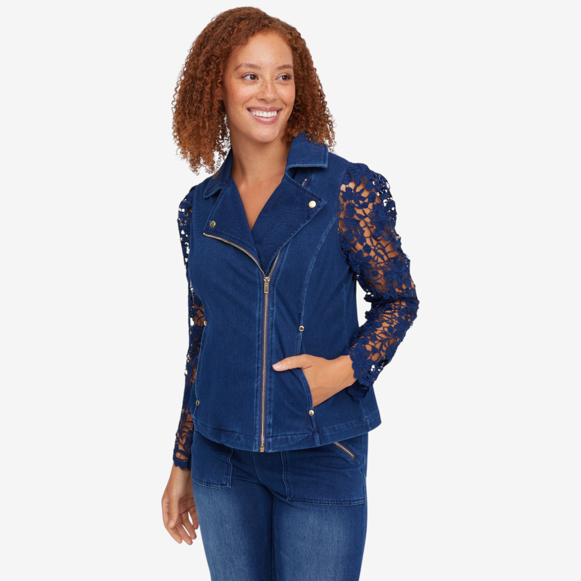 C Wonder Lace Sleeve Fashion Moto Jacket - TSC.ca