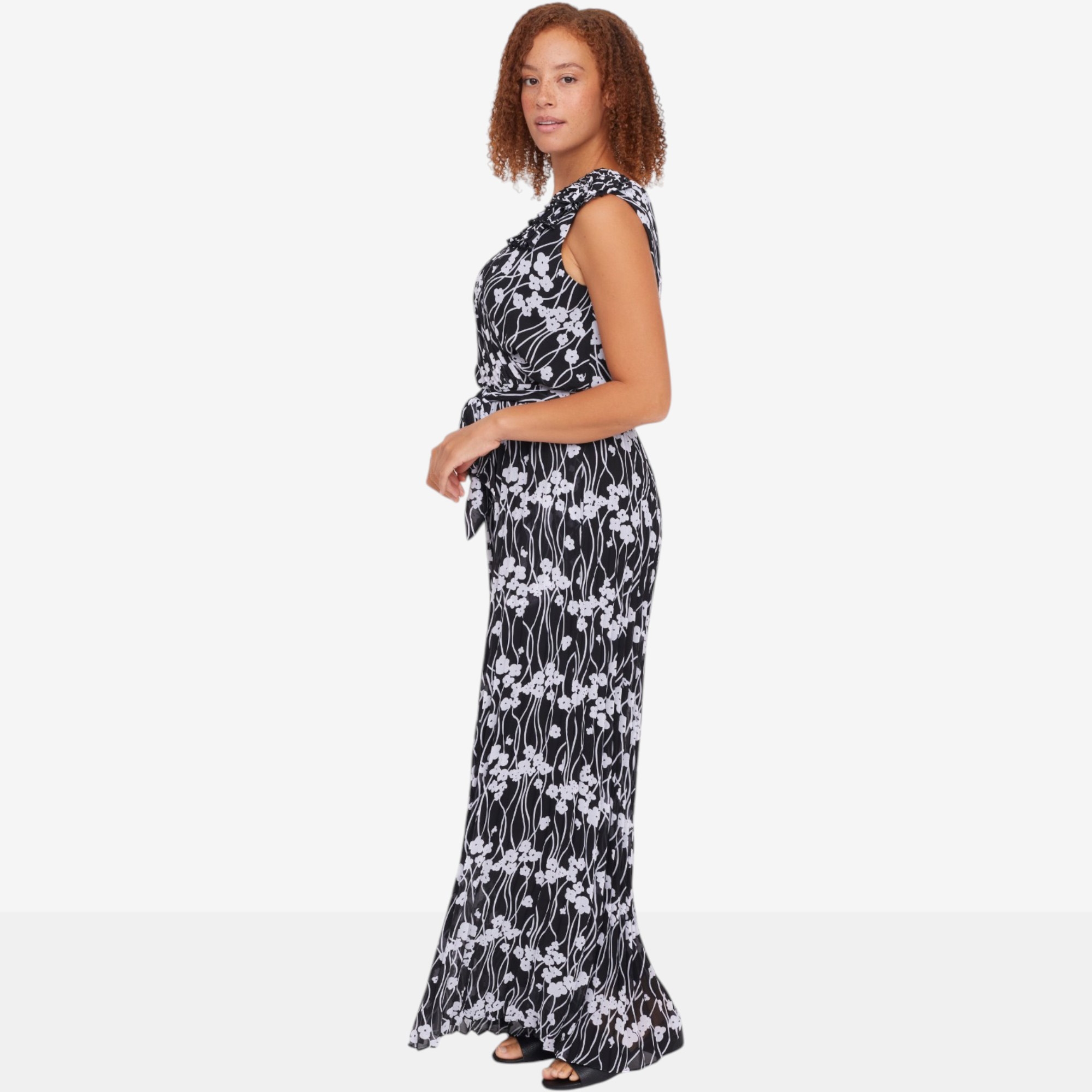 C Wonder Plisse Floral Jumpsuit with Gathered Flower Shoulders