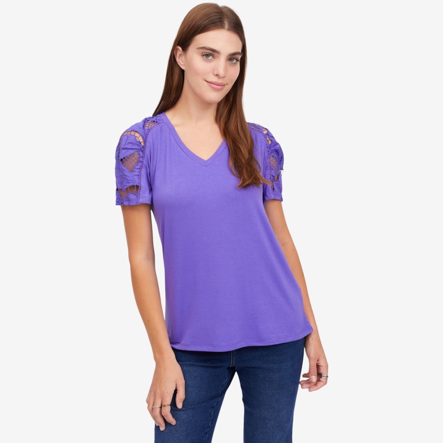 Image 122251_PUR.jpg, Product 122-251 / Price $89.99, Diane Gilman Everyday Jersey Eyelet Ruched Sleeve Tee from DG2 by Diane Gilman on TSC.ca's Fashion department