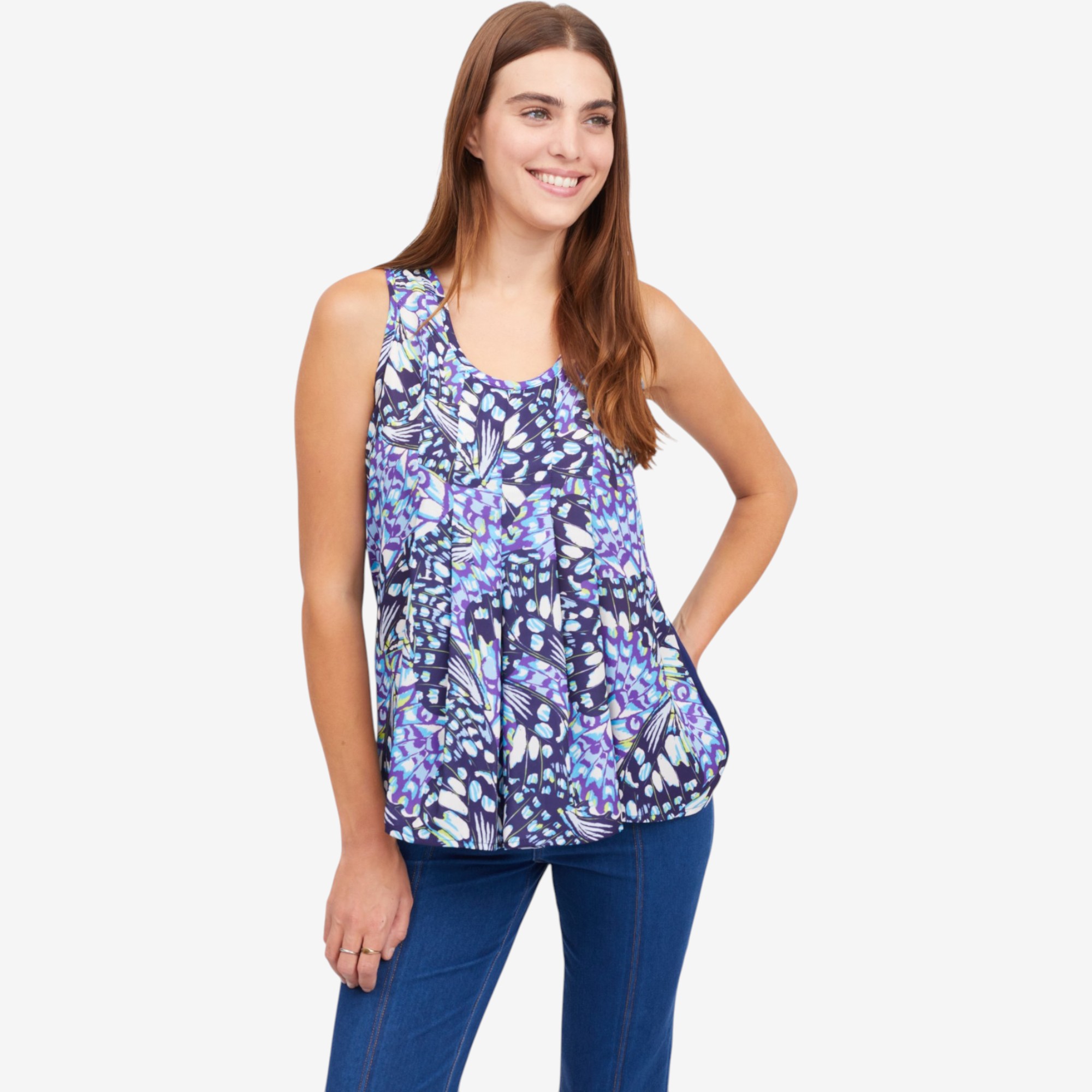 Diane Gilman Mix-Media Pleated Front High-Low Printed Tank - TSC.ca