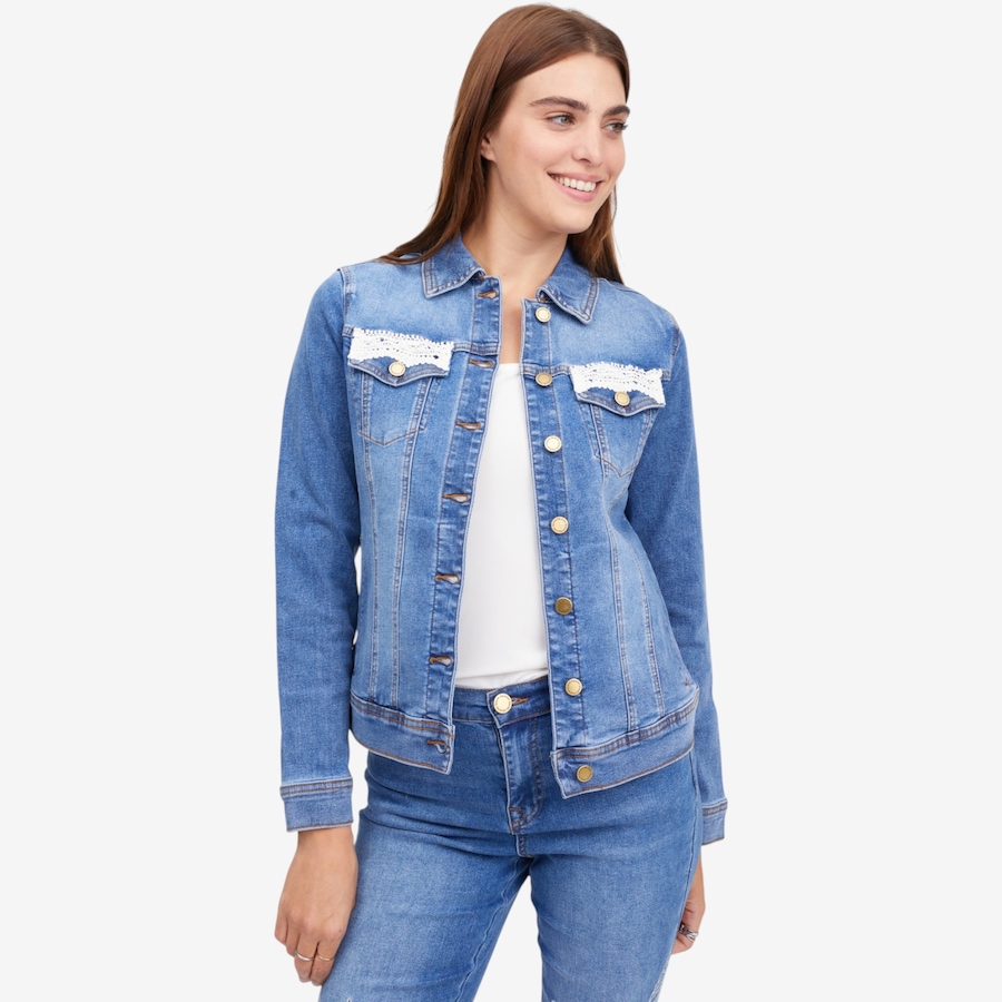 Image 122265_MDTNE.jpg, Product 122-265 / Price $89.88, Diane Gilman New Classic Stretch Denim Jacket with Lace Trim from DG2 by Diane Gilman on TSC.ca's Fashion department