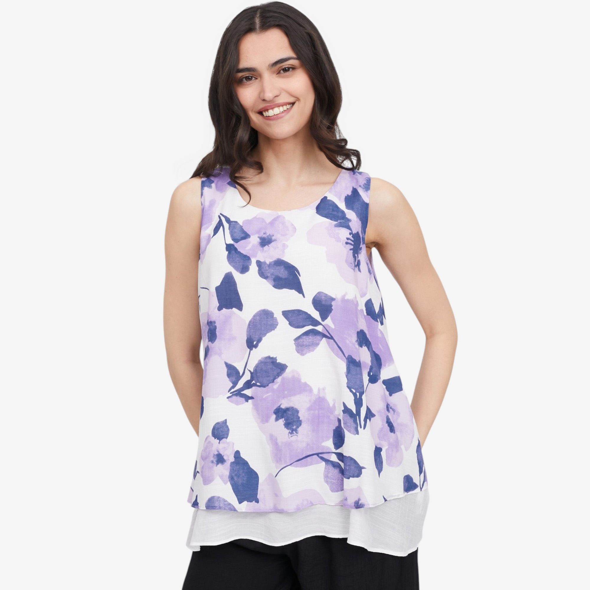 Red Coral Sleeveless Double Layer Faux Linen Top - TSC.ca