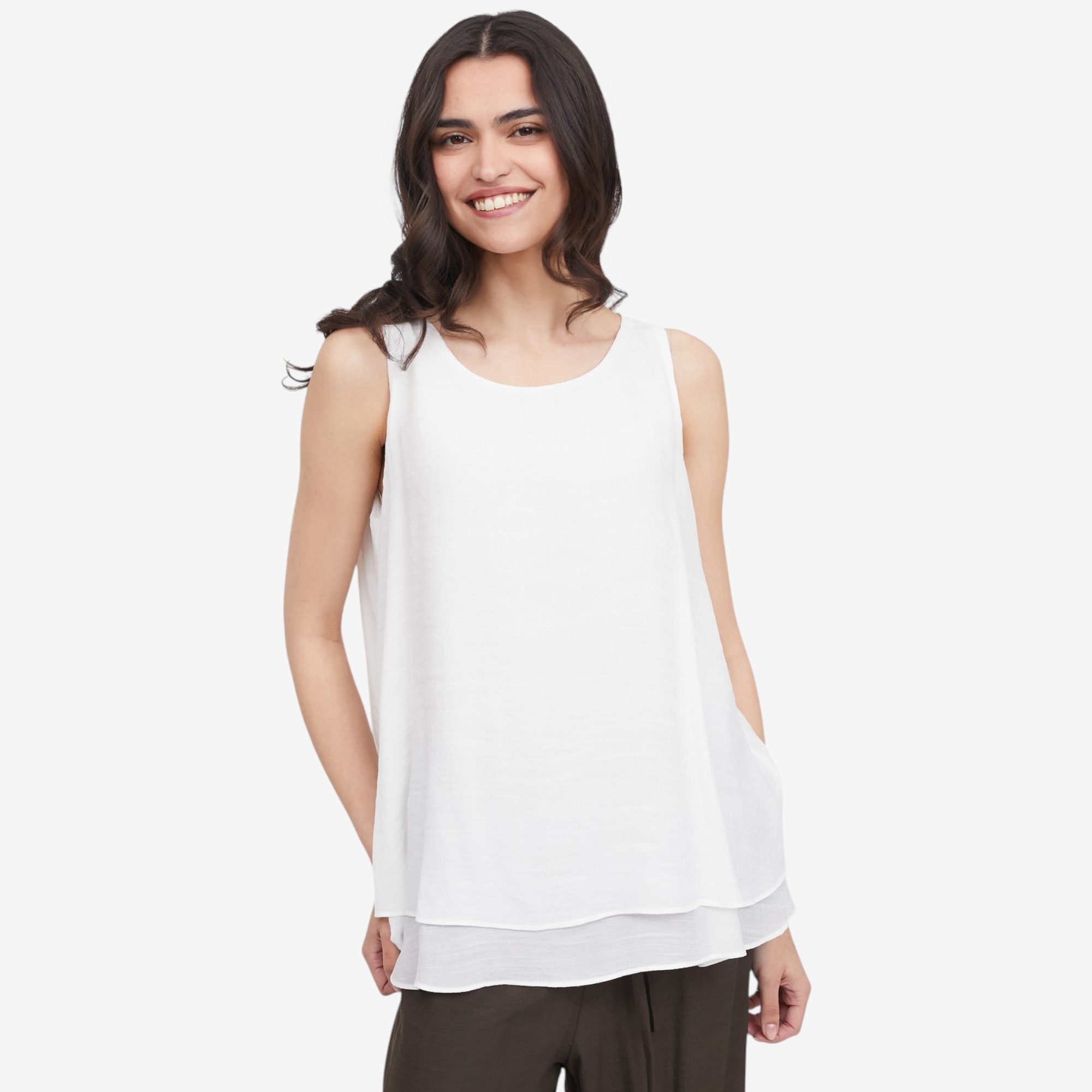 Red Coral Sleeveless Double Layer Faux Linen Top - TSC.ca