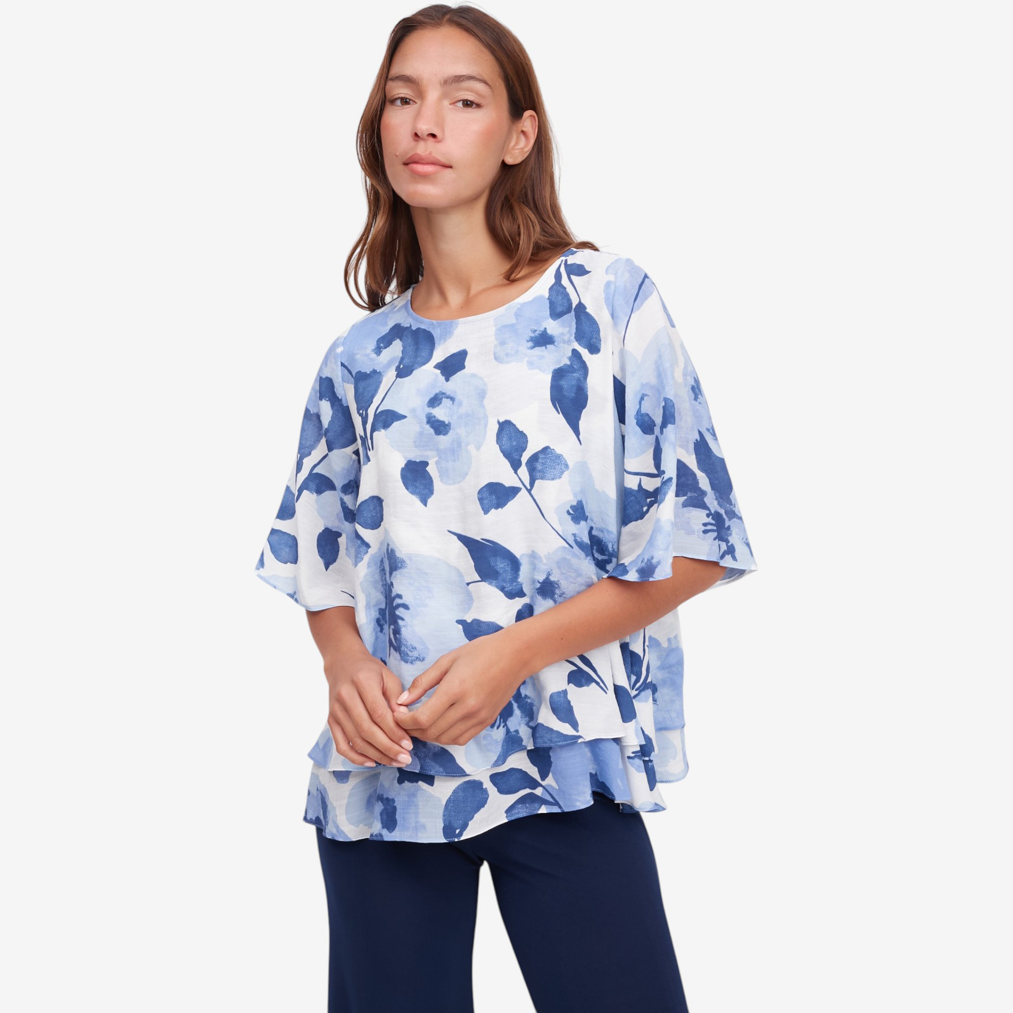 Red Coral Painted Florals Double Layer Faux Linen Top - TSC.ca