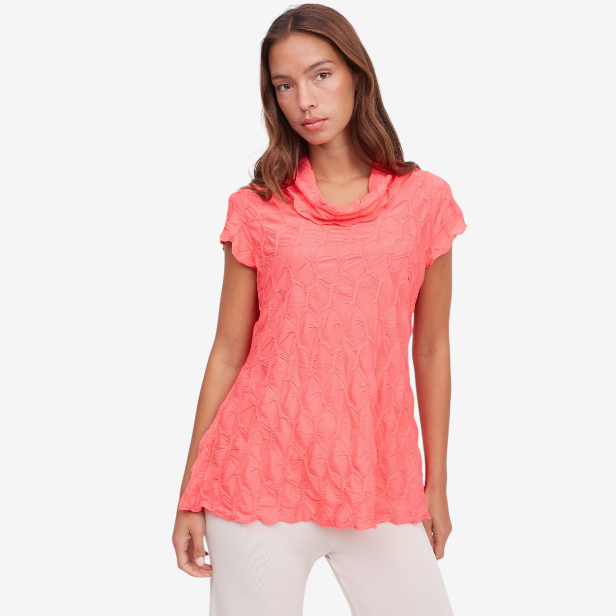 KOMMI コミ　frill tunic Red Coral Honeycomb Tunic with Cowl Neck - TSC.ca
