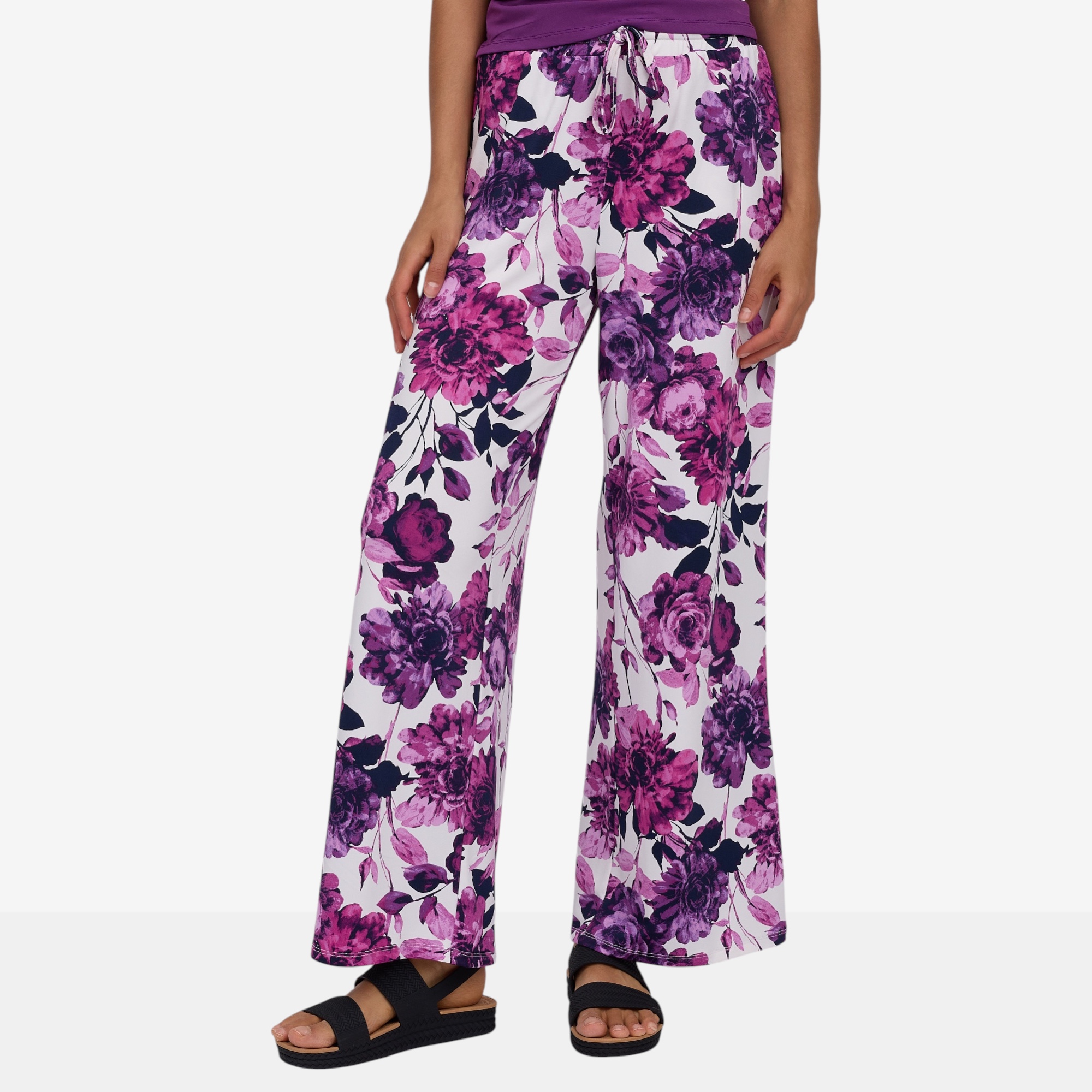 Nina Leonard Elastic Waist Full Length Wide Leg Drawstring Pant