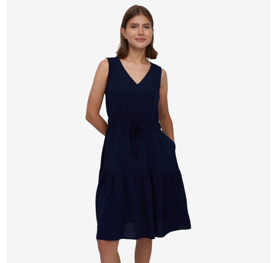 Image 122453_NVY.jpg, Product 122-453 / Price $49.99, Nina Leonard V-Neck Sleeveless Tiered Textured Wave Dress from Nina Leonard on TSC.ca's Fashion department
