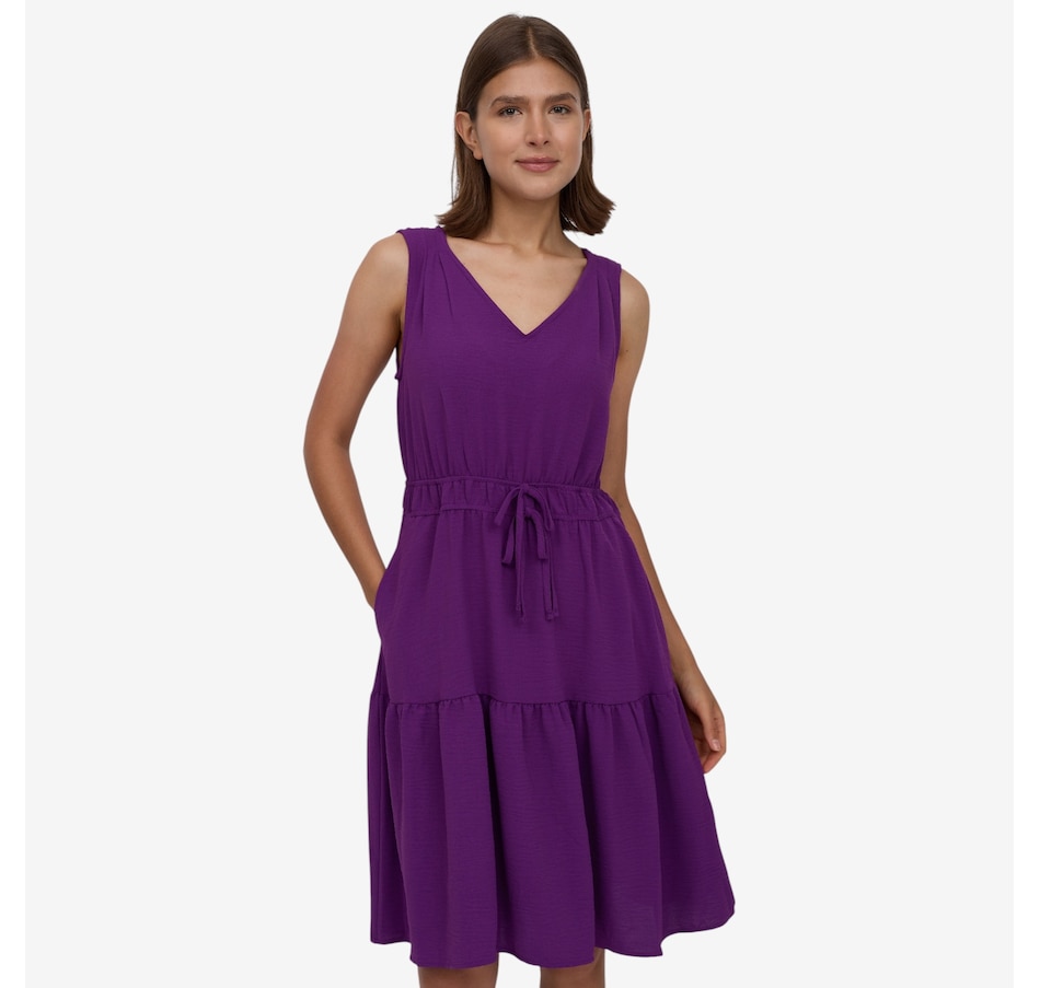 Image 122453_PUR.jpg, Product 122-453 / Price $49.99, Nina Leonard V-Neck Sleeveless Tiered Textured Wave Dress from Nina Leonard on TSC.ca's Fashion department