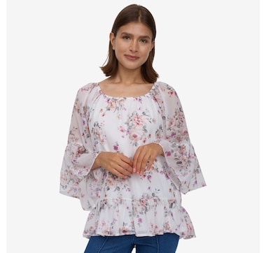 Nina Leonard Crushed Printed Chiffon Tiered Hem Top