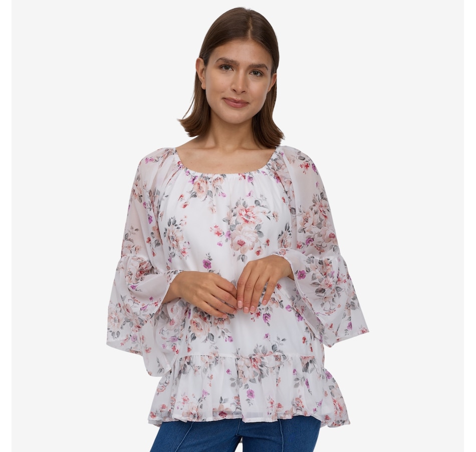 Image 122461_IVYM.jpg, Product 122-461 / Price $49.99, Nina Leonard Crushed Printed Chiffon Tiered Hem Top from Nina Leonard on TSC.ca's Fashion department