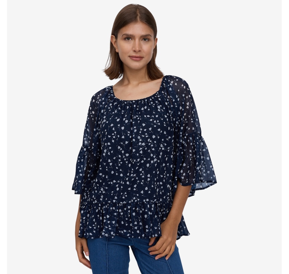 Image 122461_NAVYI.jpg, Product 122-461 / Price $49.99, Nina Leonard Crushed Printed Chiffon Tiered Hem Top from Nina Leonard on TSC.ca's Fashion department