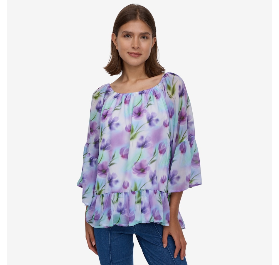 Image 122461_PUMU.jpg, Product 122-461 / Price $49.99, Nina Leonard Crushed Printed Chiffon Tiered Hem Top from Nina Leonard on TSC.ca's Fashion department