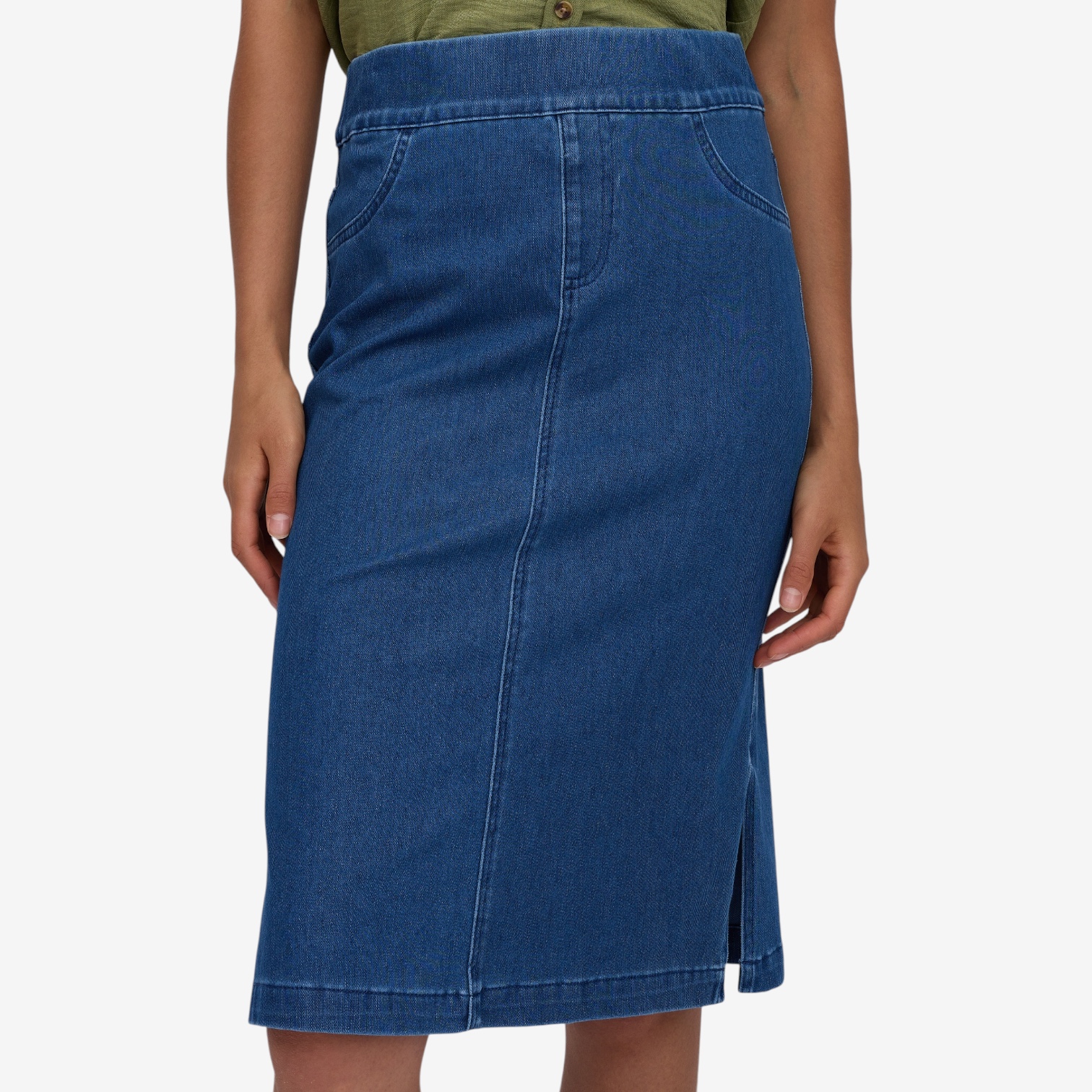 Nina Leonard Elastic Waist Knit Denim Skirt with Side Slits - TSC.ca