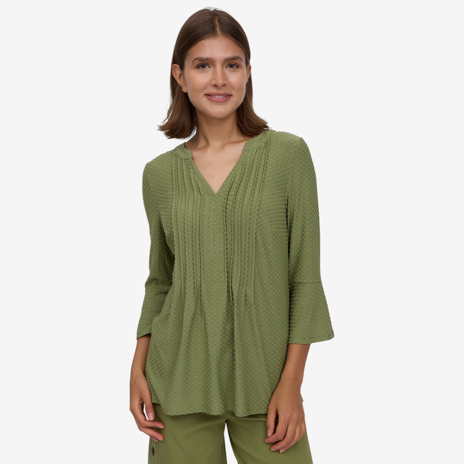 Nina Leonard Swiss Dot Knit 3/4 Bell Sleeve Notch Neck Top - TSC.ca