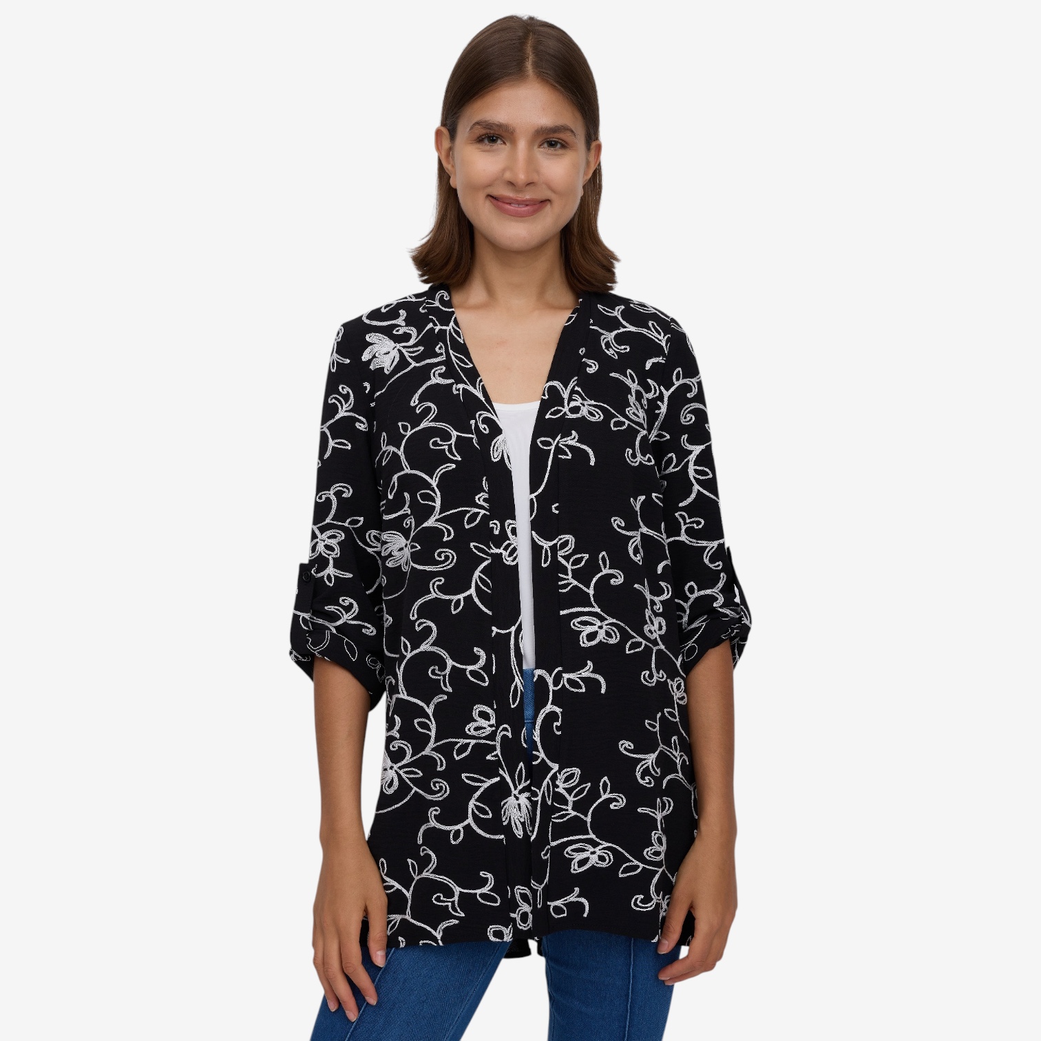 Nina Leonard Embroidered Textured Wave Godet Back Cardigan - TSC.ca