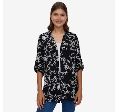 Nina Leonard Embroidered Textured Wave Godet Back Cardigan